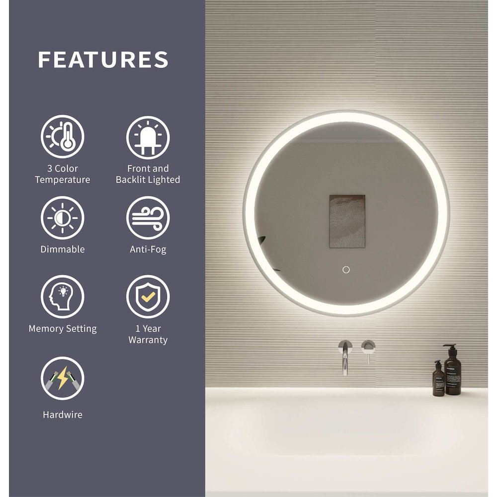 24 Round LED Front and Backlit Wall Mirror in Silver. Picture 10
