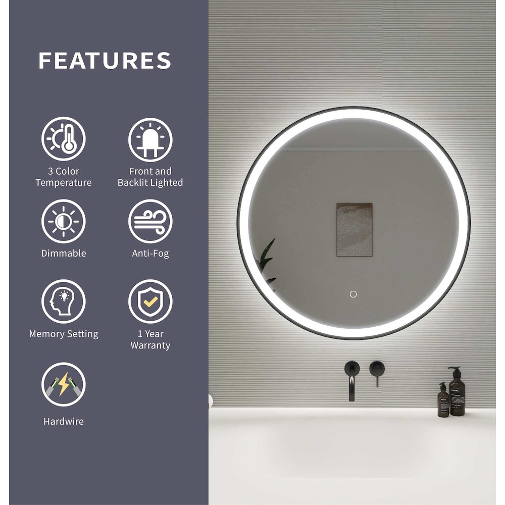 28 Round LED Front and Backlit Wall Mirror in Black. Picture 11