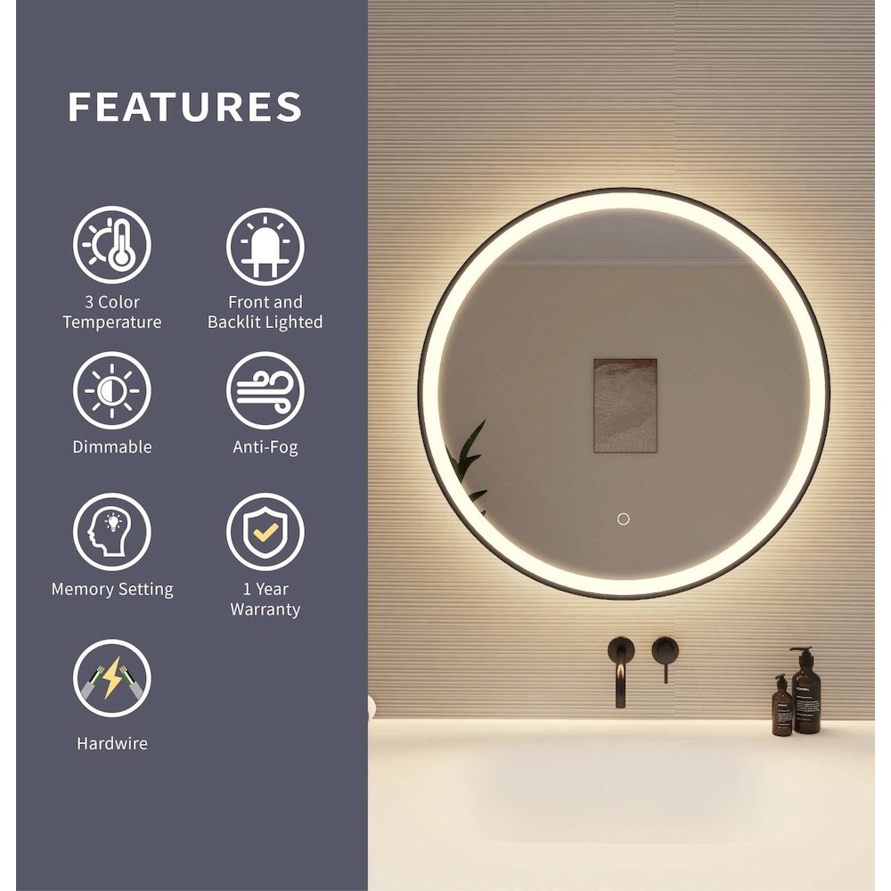 28 Round LED Front and Backlit Wall Mirror in Black. Picture 9