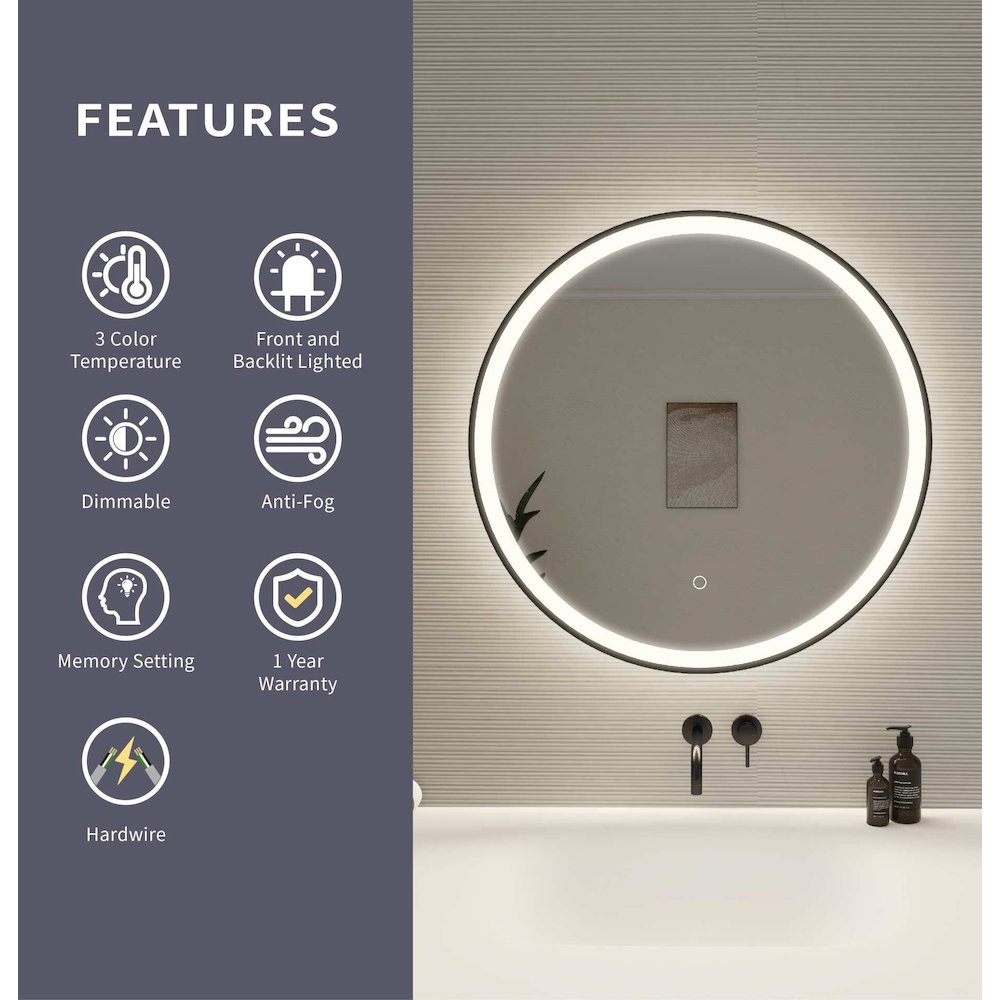 28 Round LED Front and Backlit Wall Mirror in Black. Picture 10
