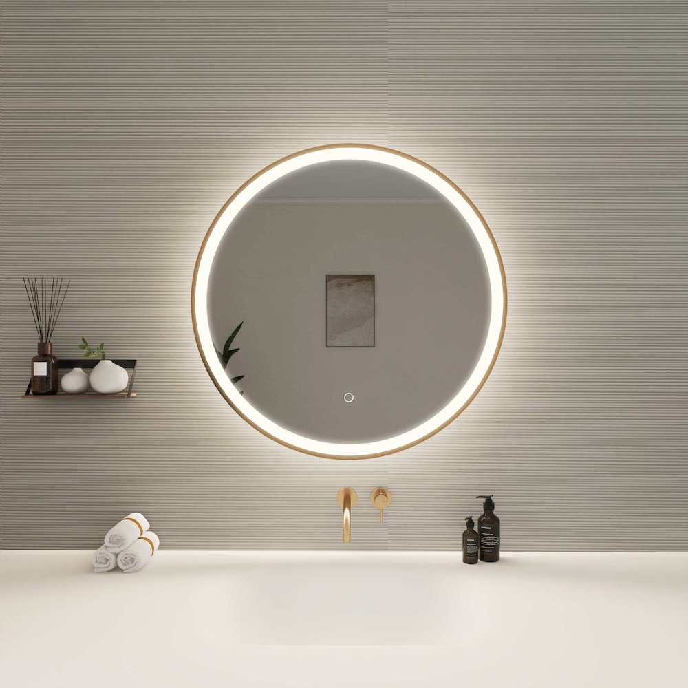 28 Round LED Front and Backlit Wall Mirror in Satin Gold. Picture 2
