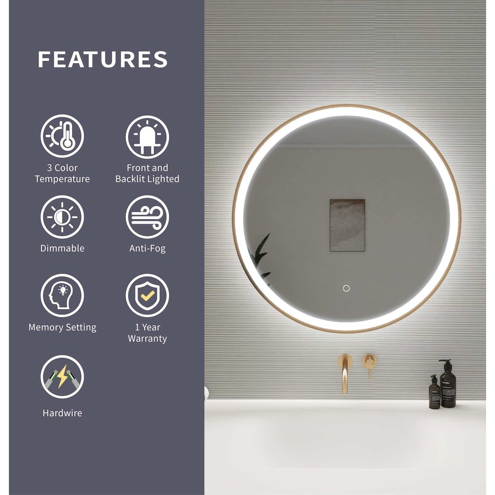 28 Round LED Front and Backlit Wall Mirror in Satin Gold. Picture 11