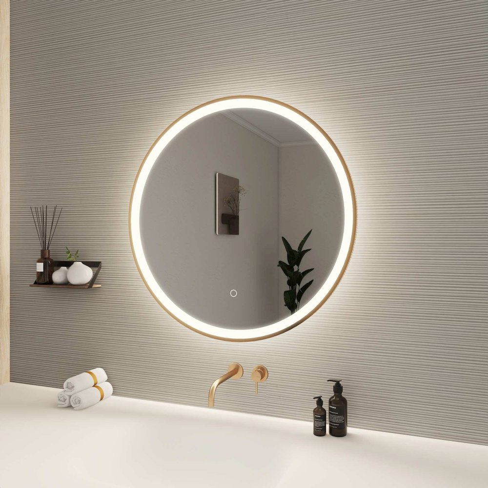 28 Round LED Front and Backlit Wall Mirror in Satin Gold. Picture 3