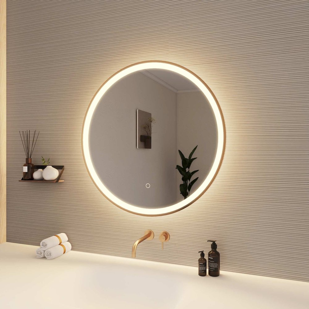 28 Round LED Front and Backlit Wall Mirror in Satin Gold. Picture 4