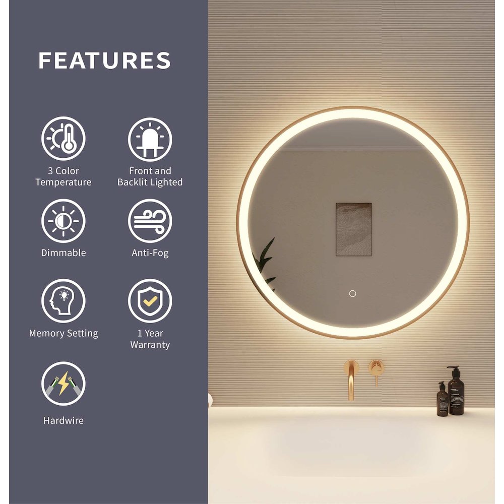 28 Round LED Front and Backlit Wall Mirror in Satin Gold. Picture 9