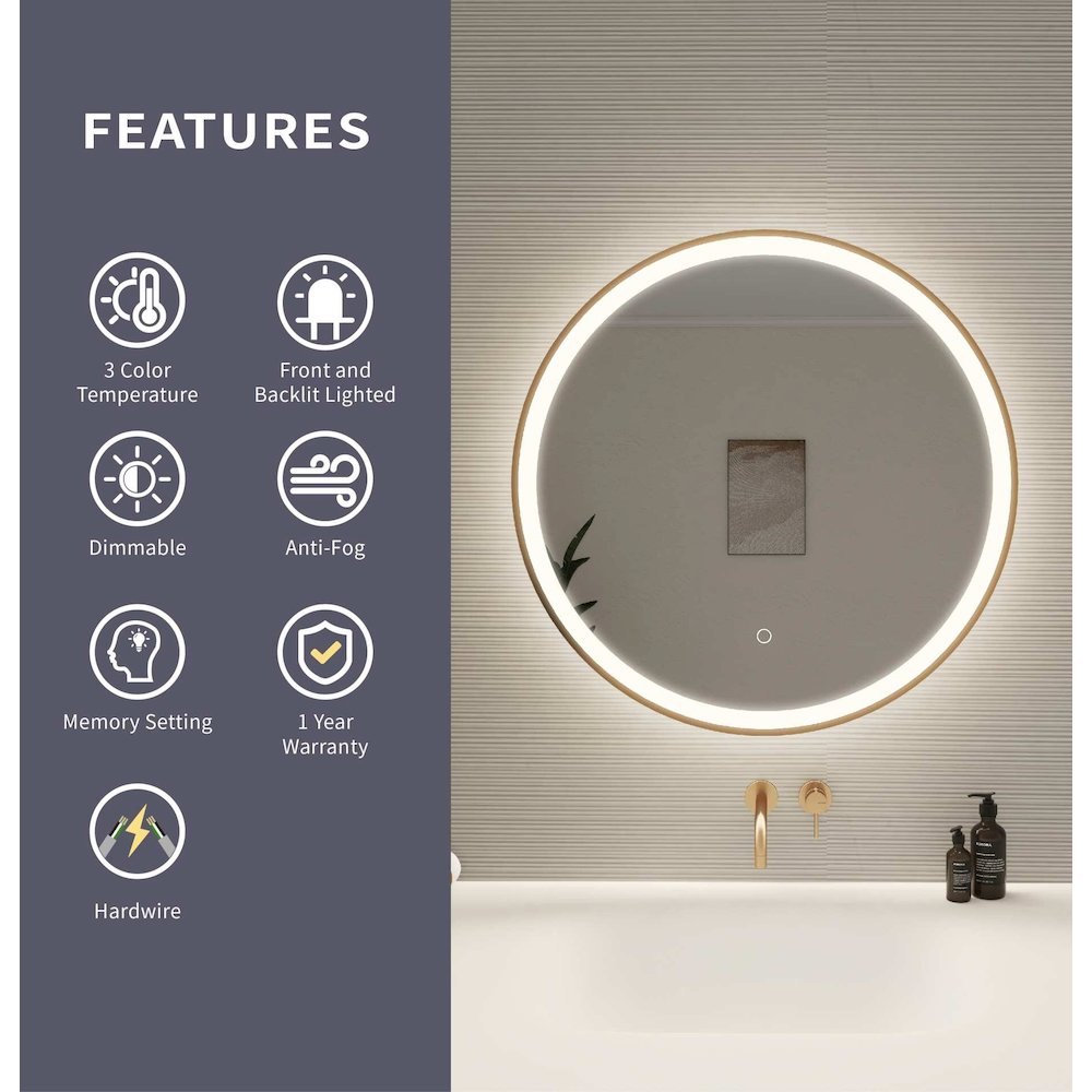 28 Round LED Front and Backlit Wall Mirror in Satin Gold. Picture 10
