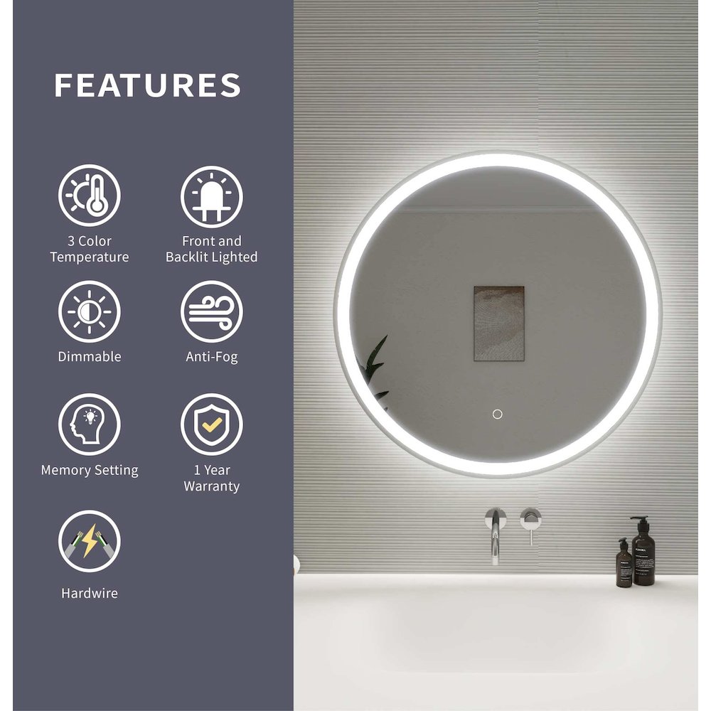 28 Round LED Front and Backlit Wall Mirror in Silver. Picture 11