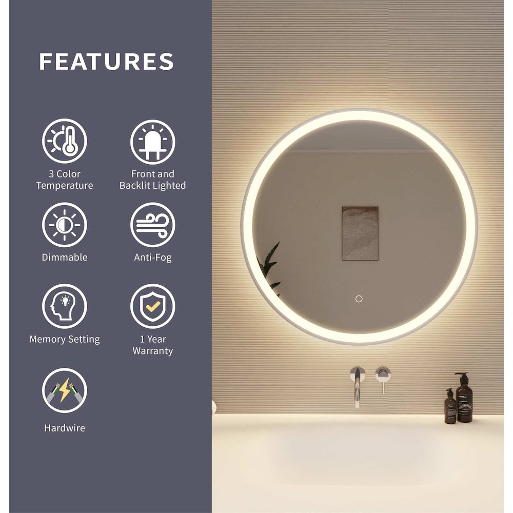 28 Round LED Front and Backlit Wall Mirror in Silver. Picture 9