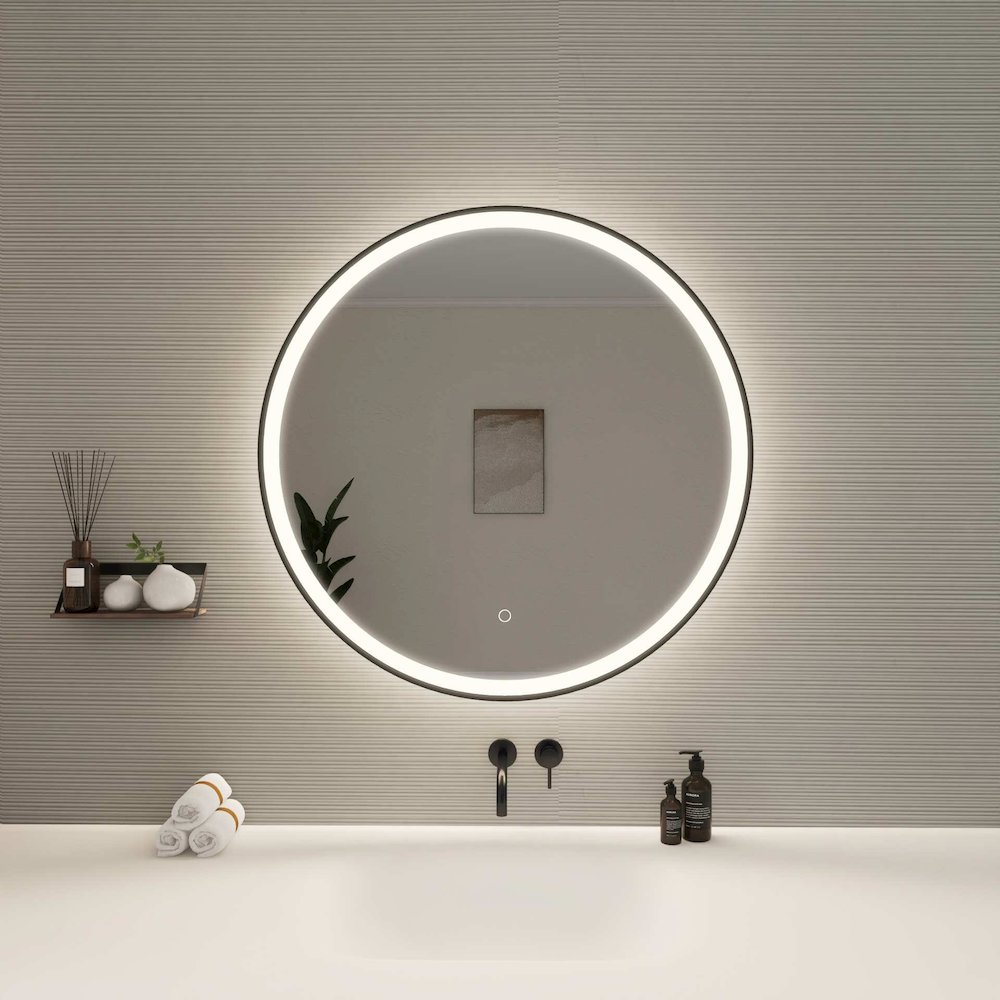 32 Round LED Front and Backlit Wall Mirror in Black. Picture 2