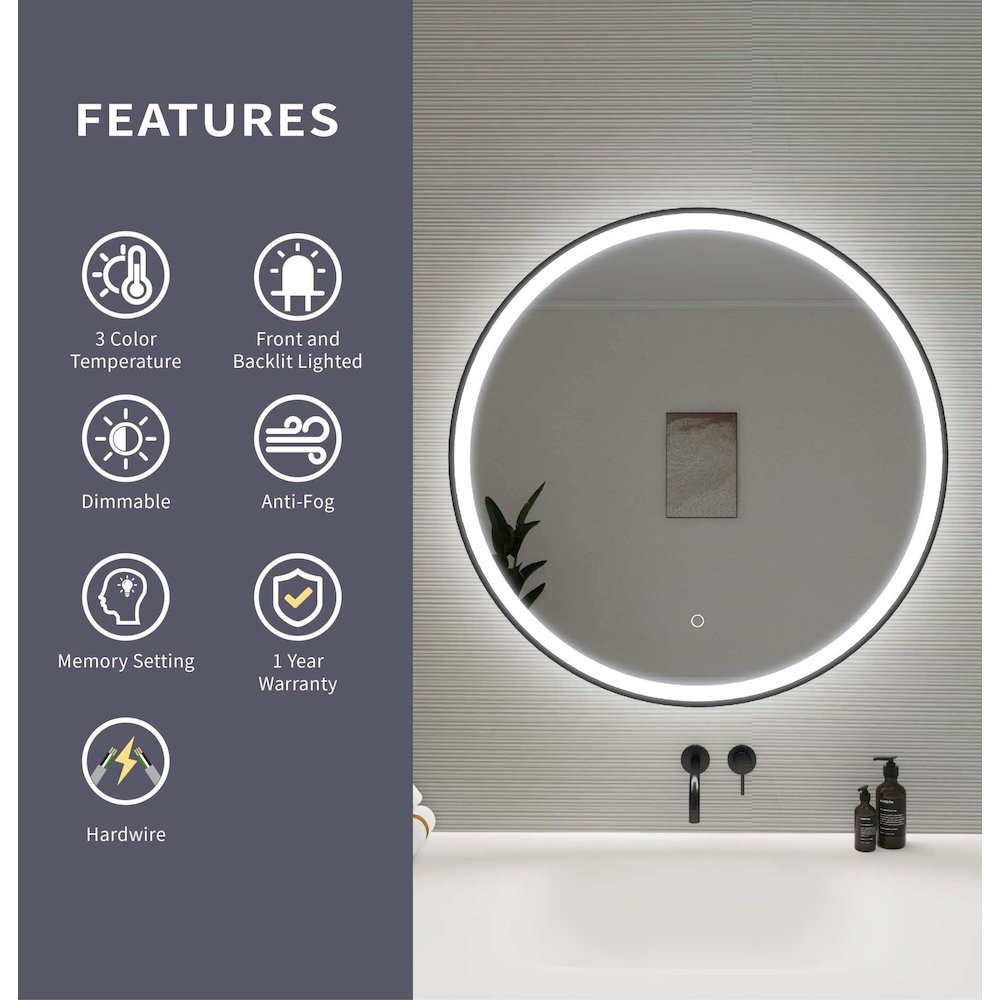32 Round LED Front and Backlit Wall Mirror in Black. Picture 11