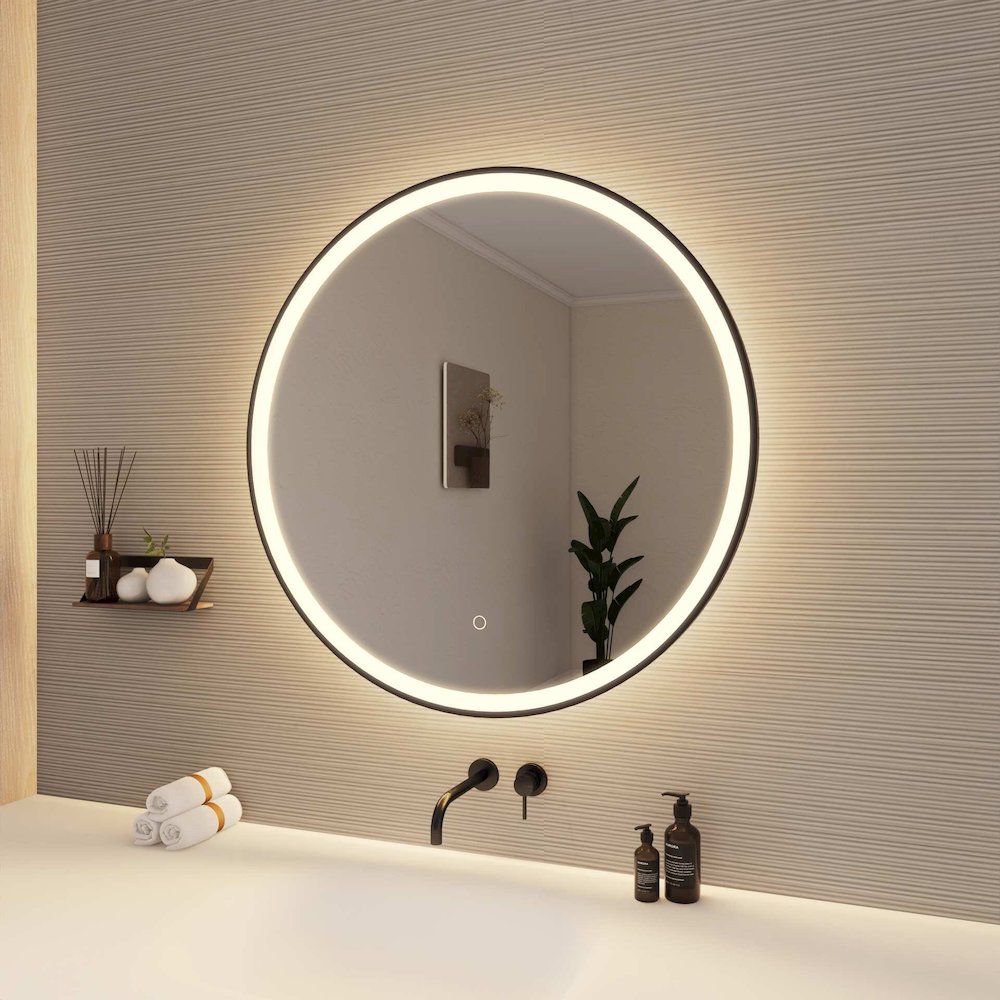 32 Round LED Front and Backlit Wall Mirror in Black. Picture 4