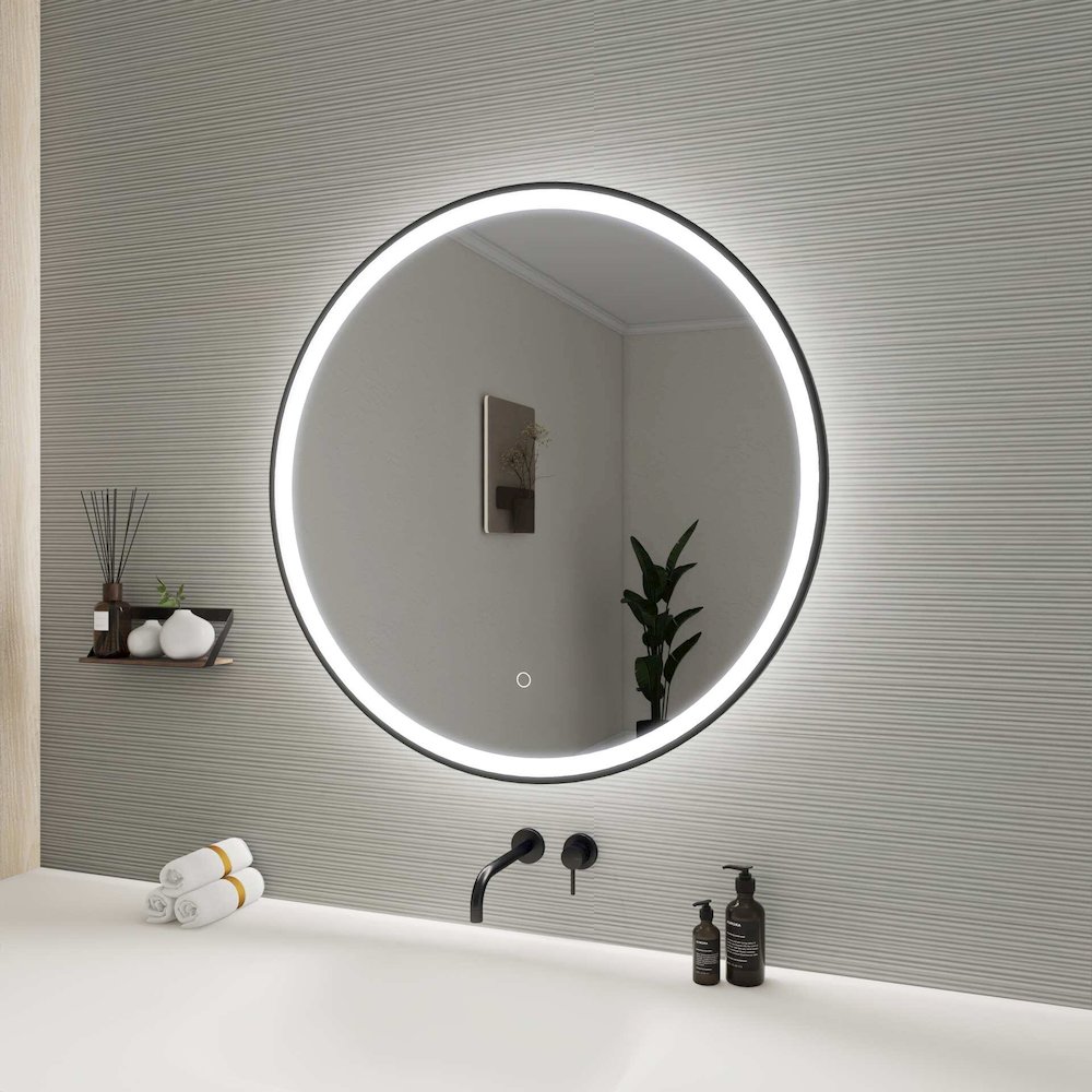 32 Round LED Front and Backlit Wall Mirror in Black. Picture 5