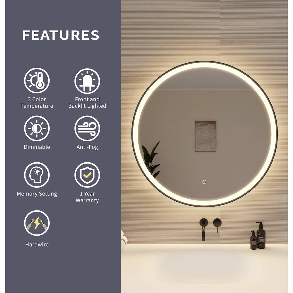 32 Round LED Front and Backlit Wall Mirror in Black. Picture 9