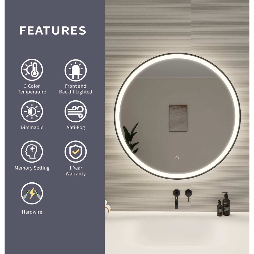 32 Round LED Front and Backlit Wall Mirror in Black. Picture 10