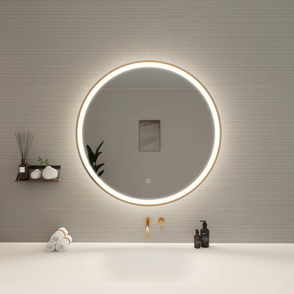 32 Round LED Front and Backlit Wall Mirror in Satin Gold. Picture 2