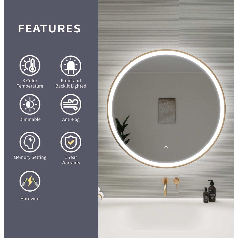 32 Round LED Front and Backlit Wall Mirror in Satin Gold. Picture 11