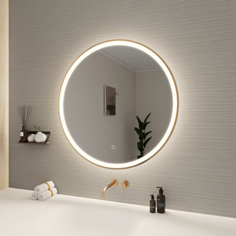 32 Round LED Front and Backlit Wall Mirror in Satin Gold. Picture 3