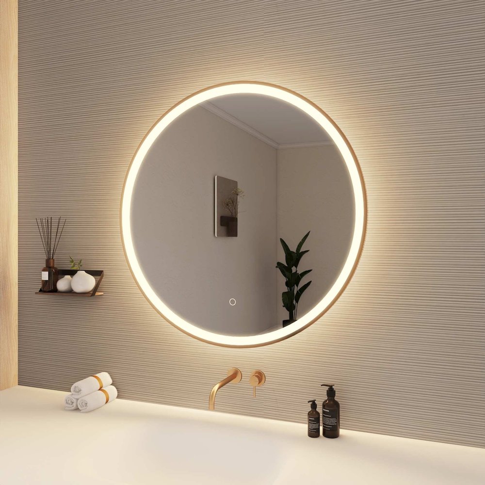 32 Round LED Front and Backlit Wall Mirror in Satin Gold. Picture 4