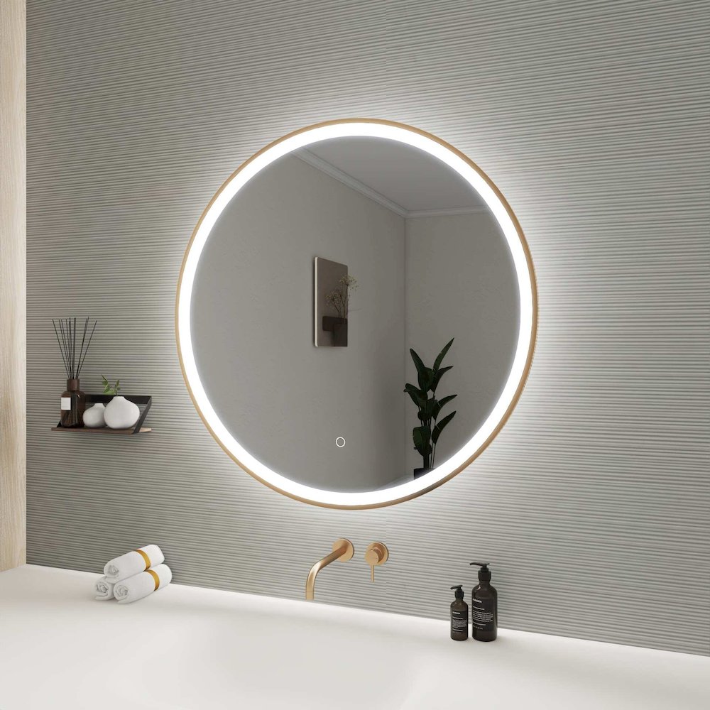 32 Round LED Front and Backlit Wall Mirror in Satin Gold. Picture 5
