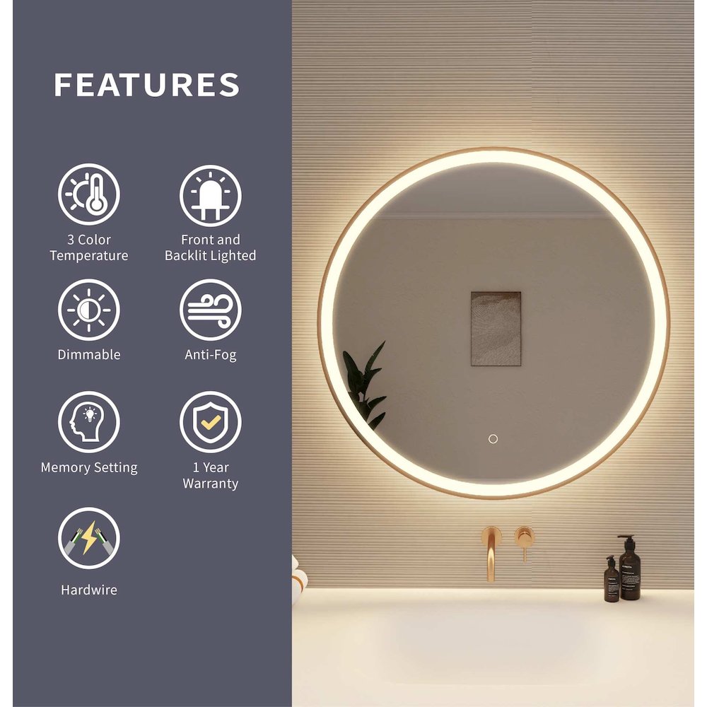 32 Round LED Front and Backlit Wall Mirror in Satin Gold. Picture 9