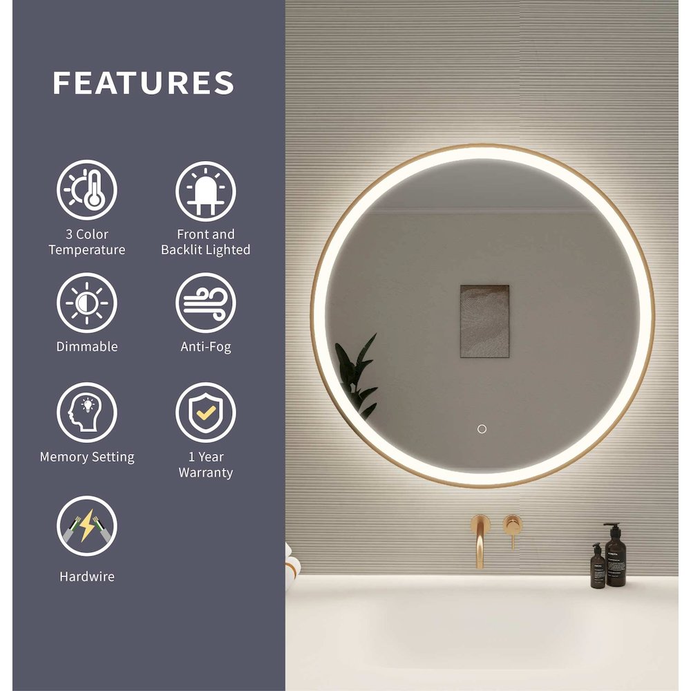 32 Round LED Front and Backlit Wall Mirror in Satin Gold. Picture 10
