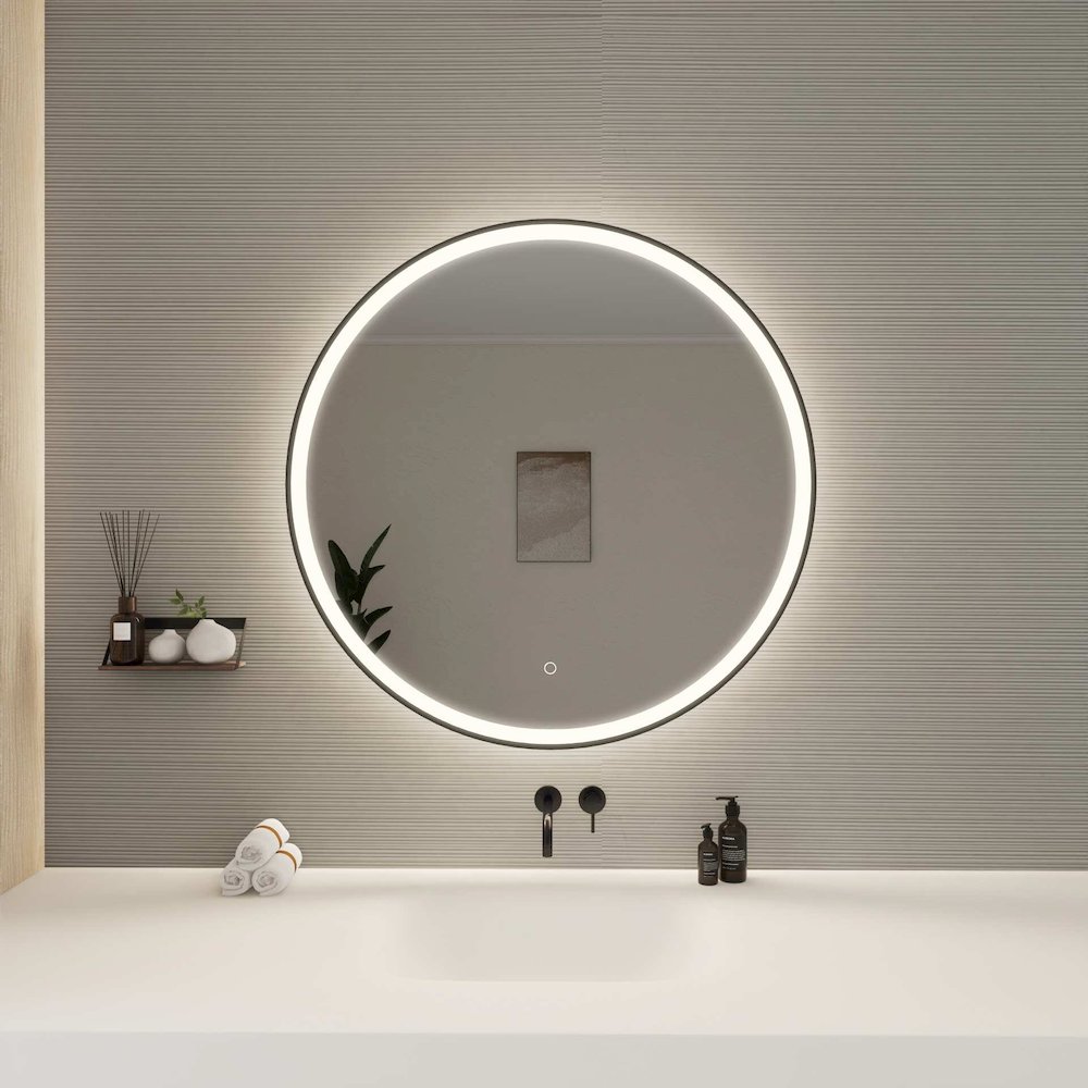 36 Round LED Front and Backlit Wall Mirror in Black. Picture 2