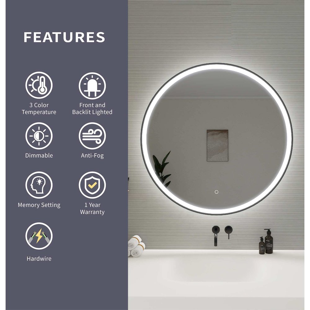 36 Round LED Front and Backlit Wall Mirror in Black. Picture 11