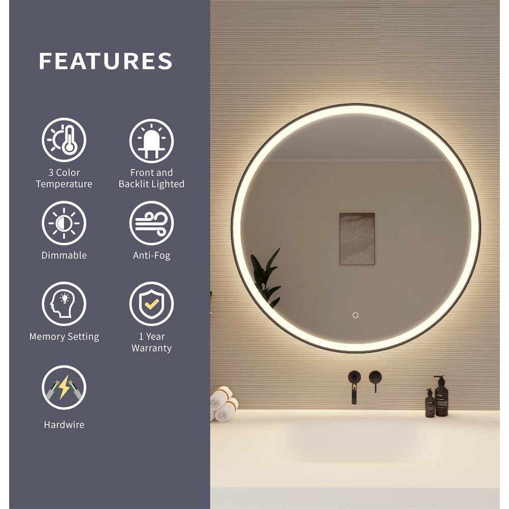 36 Round LED Front and Backlit Wall Mirror in Black. Picture 9