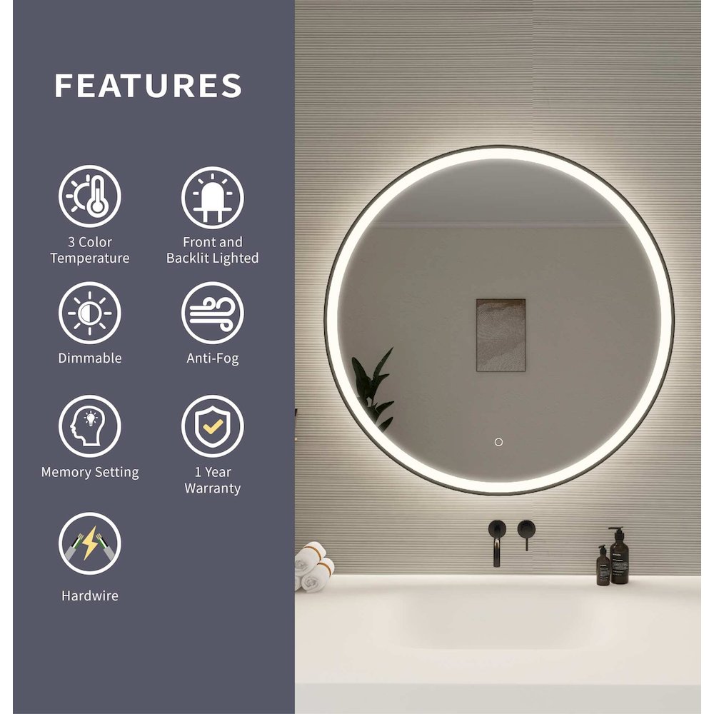 36 Round LED Front and Backlit Wall Mirror in Black. Picture 10