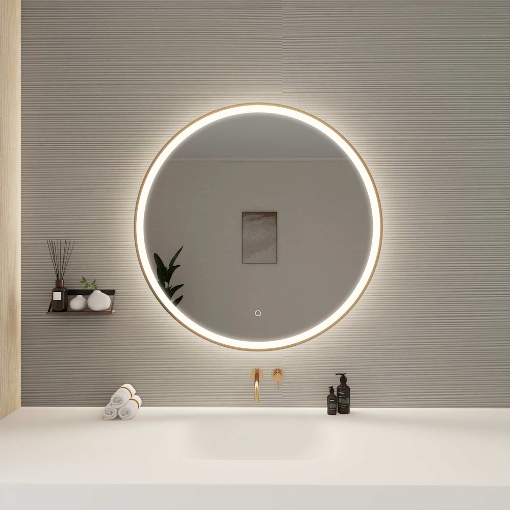 36 Round LED Front and Backlit Wall Mirror in Satin Gold. Picture 2
