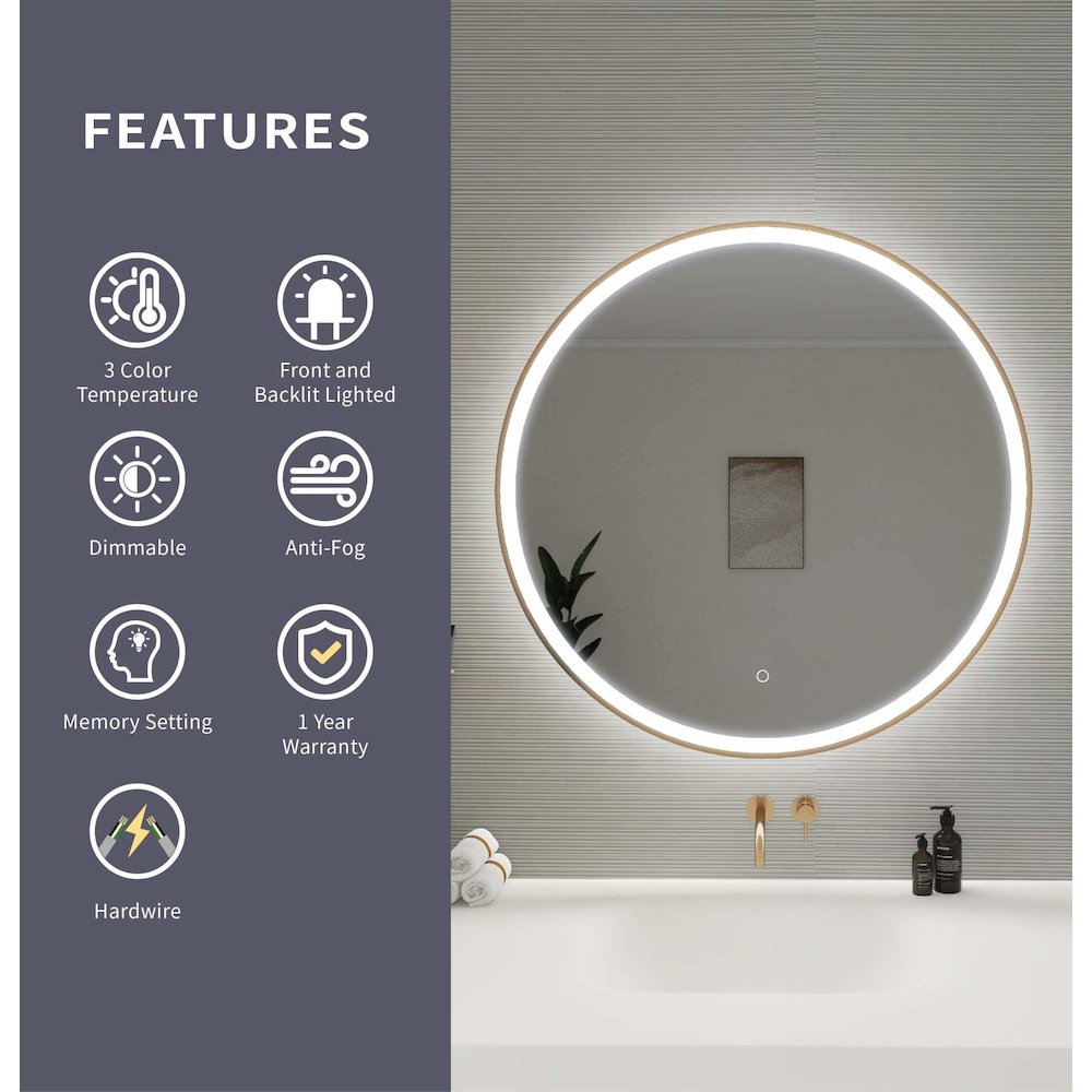 36 Round LED Front and Backlit Wall Mirror in Satin Gold. Picture 11
