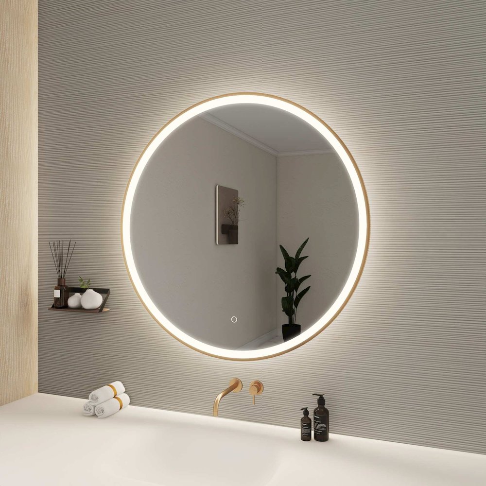 36 Round LED Front and Backlit Wall Mirror in Satin Gold. Picture 3