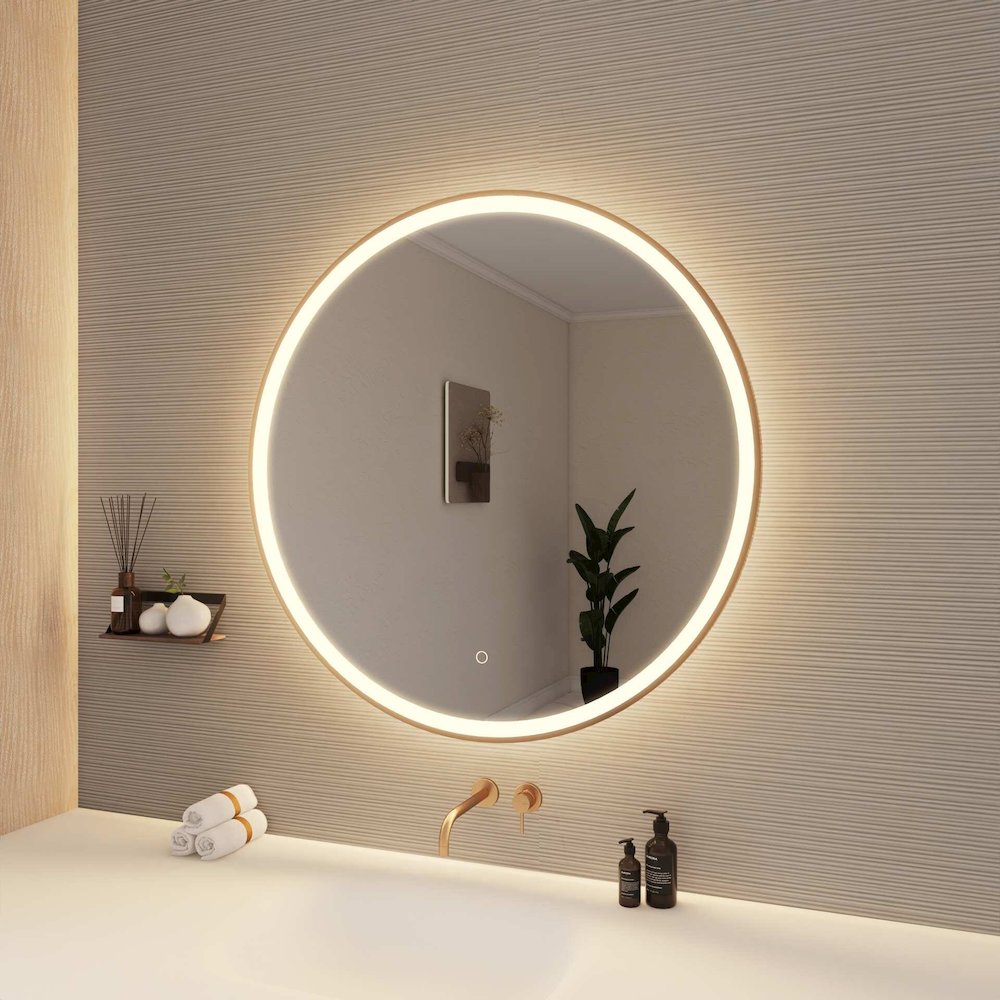 36 Round LED Front and Backlit Wall Mirror in Satin Gold. Picture 4