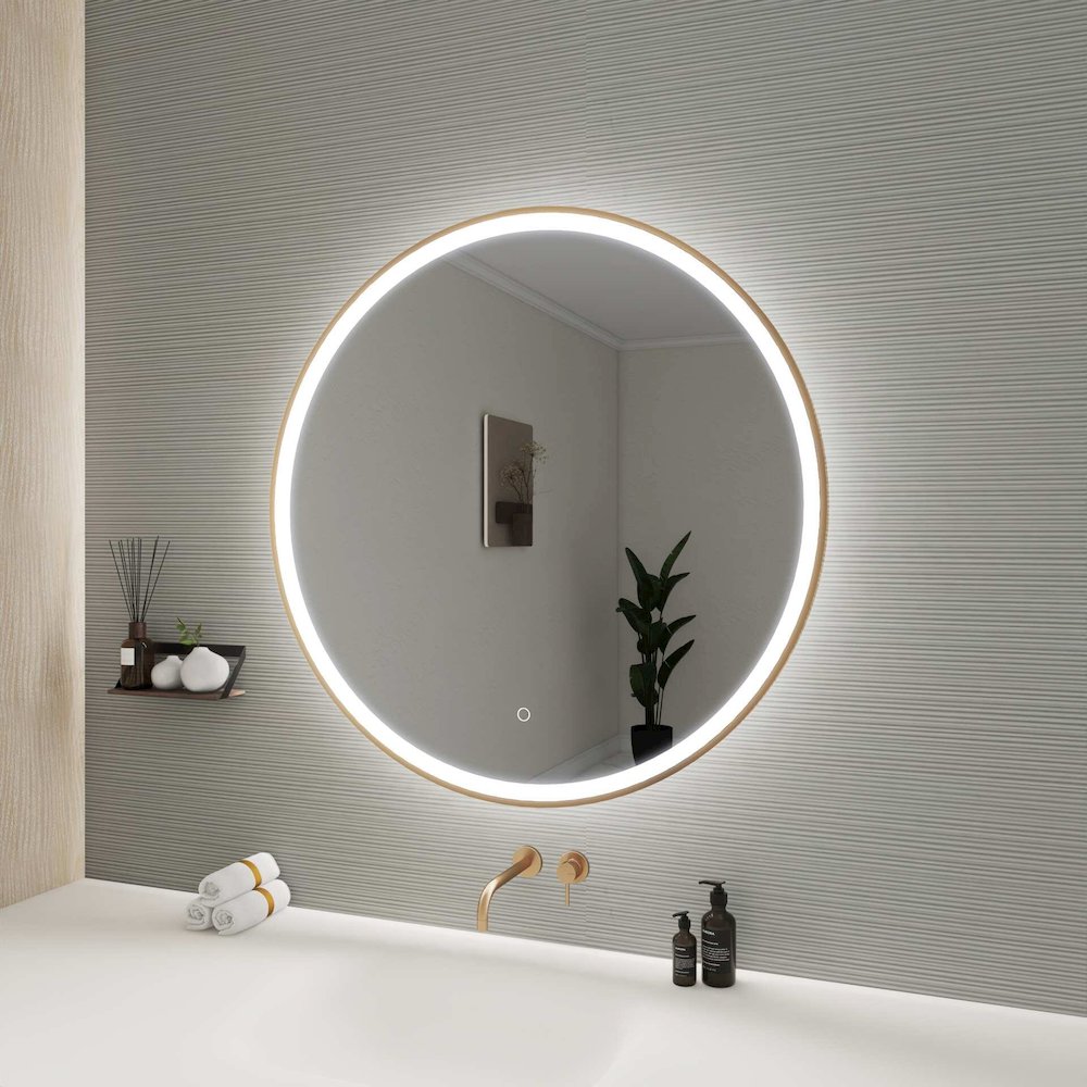 36 Round LED Front and Backlit Wall Mirror in Satin Gold. Picture 5