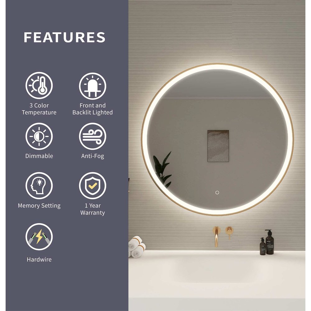 36 Round LED Front and Backlit Wall Mirror in Satin Gold. Picture 10