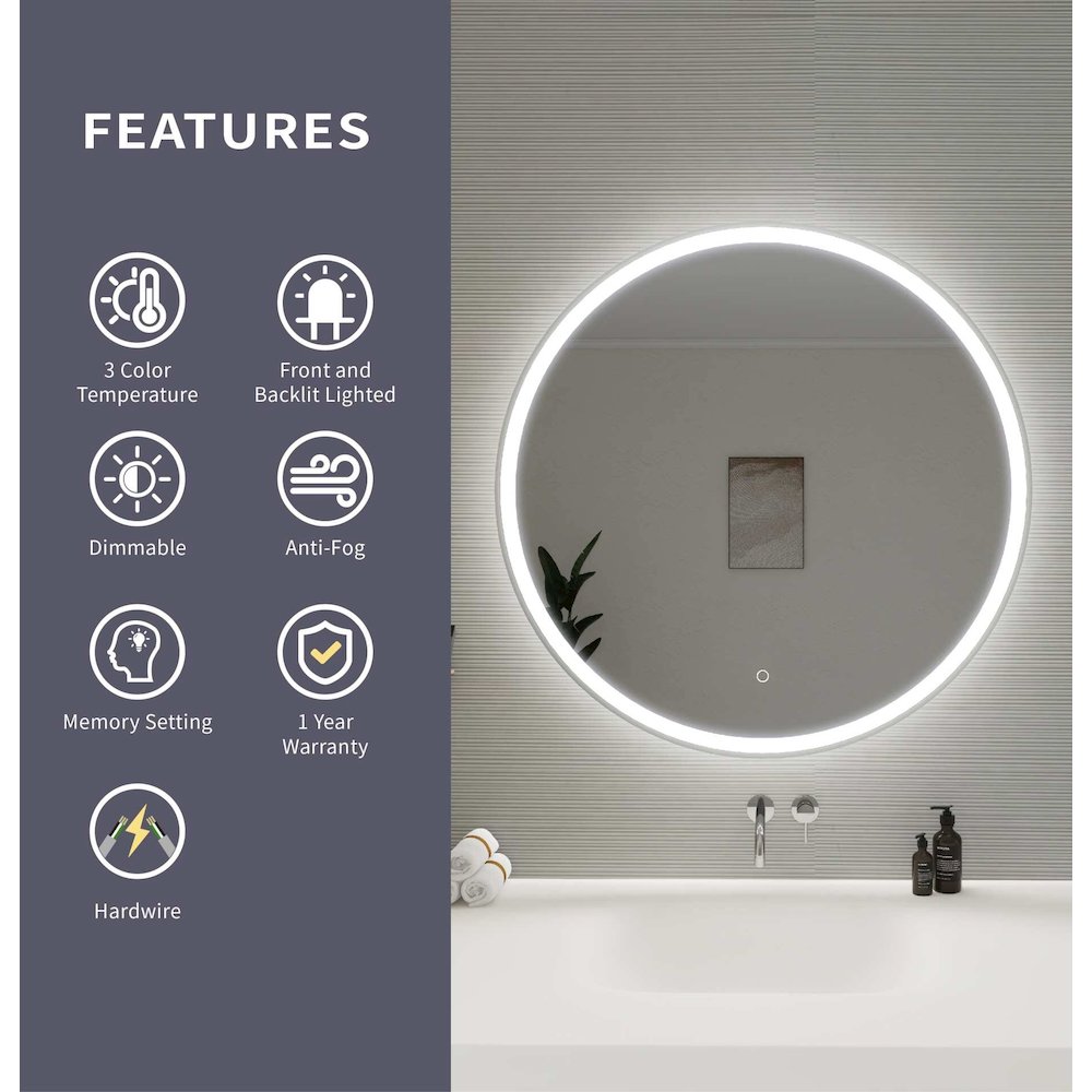36 Round LED Front and Backlit Wall Mirror in Silver. Picture 11