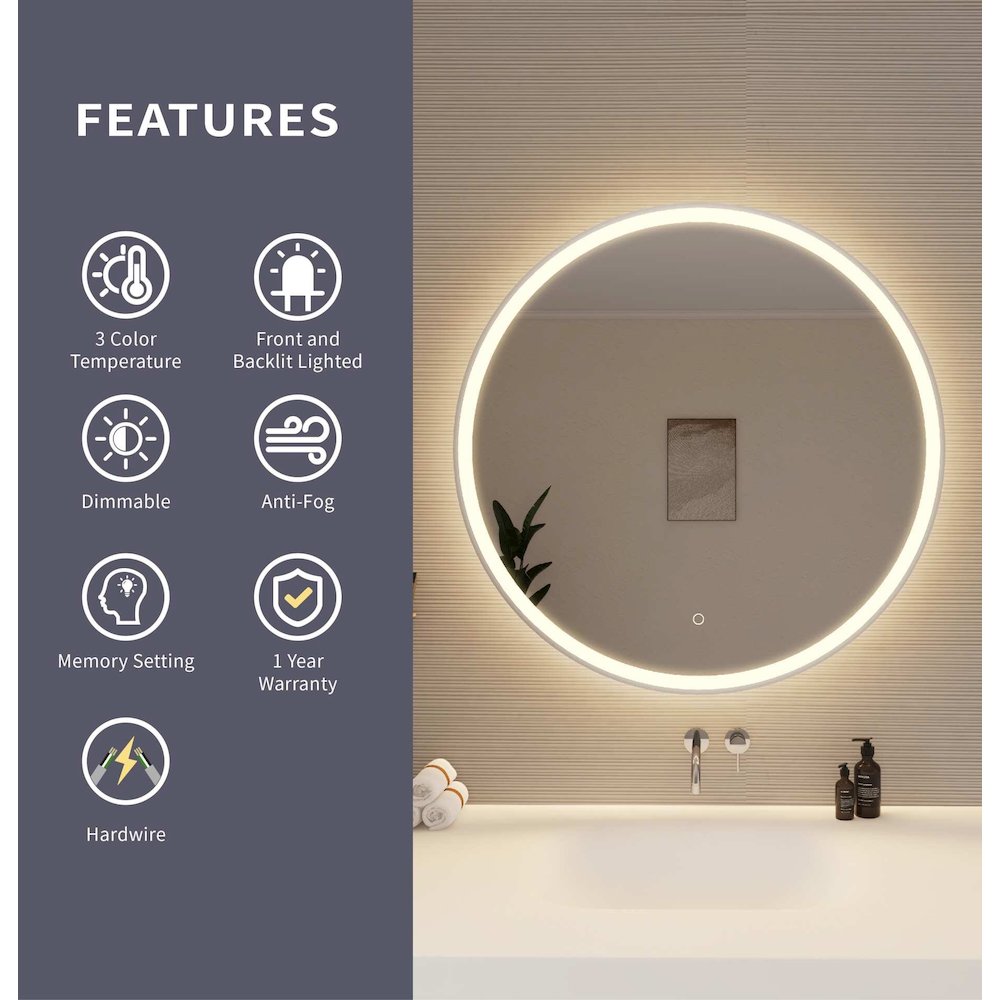 36 Round LED Front and Backlit Wall Mirror in Silver. Picture 9