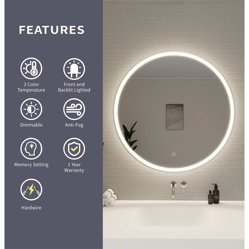 36 Round LED Front and Backlit Wall Mirror in Silver. Picture 10