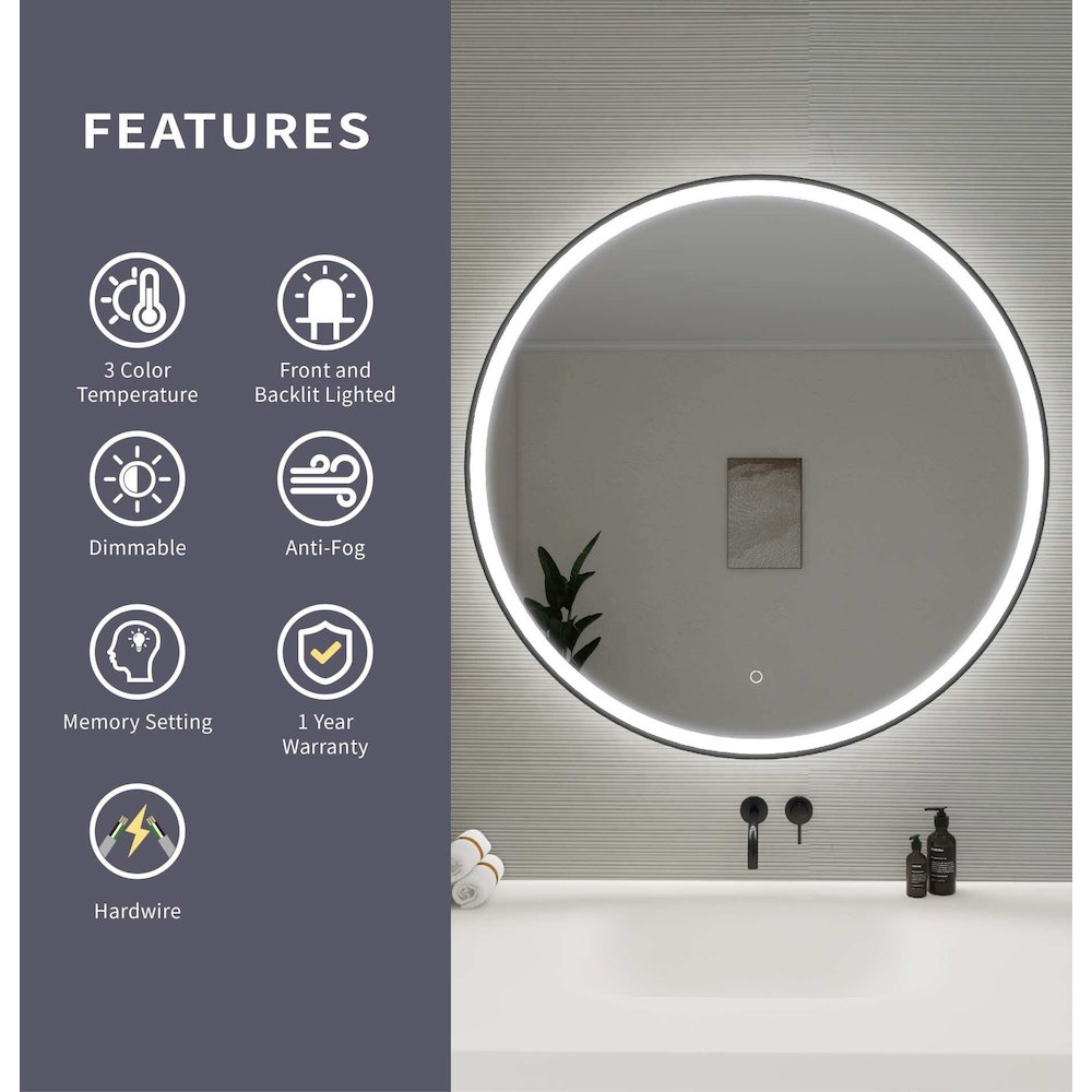 39 Round LED Front and Backlit Wall Mirror in Black. Picture 11