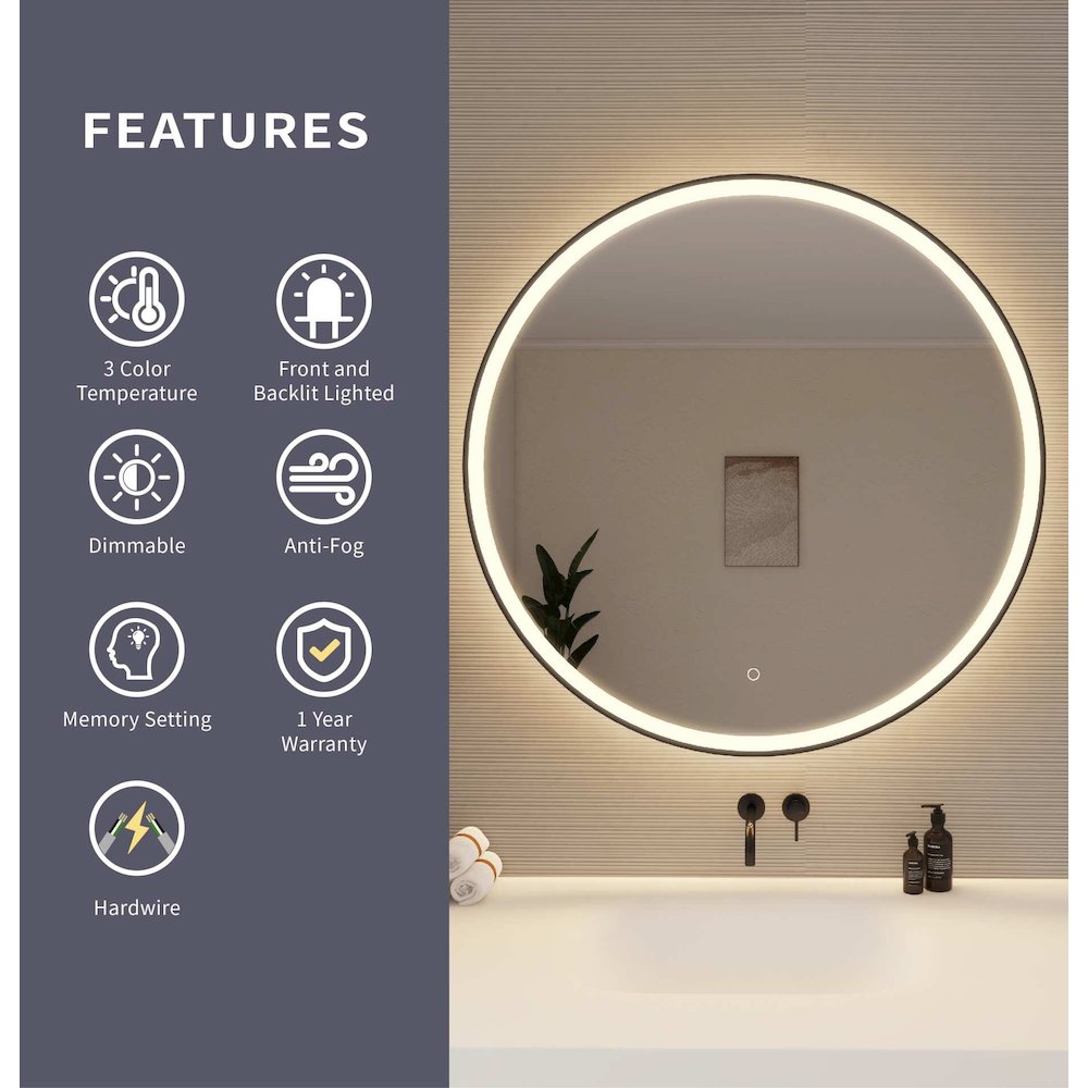 39 Round LED Front and Backlit Wall Mirror in Black. Picture 9