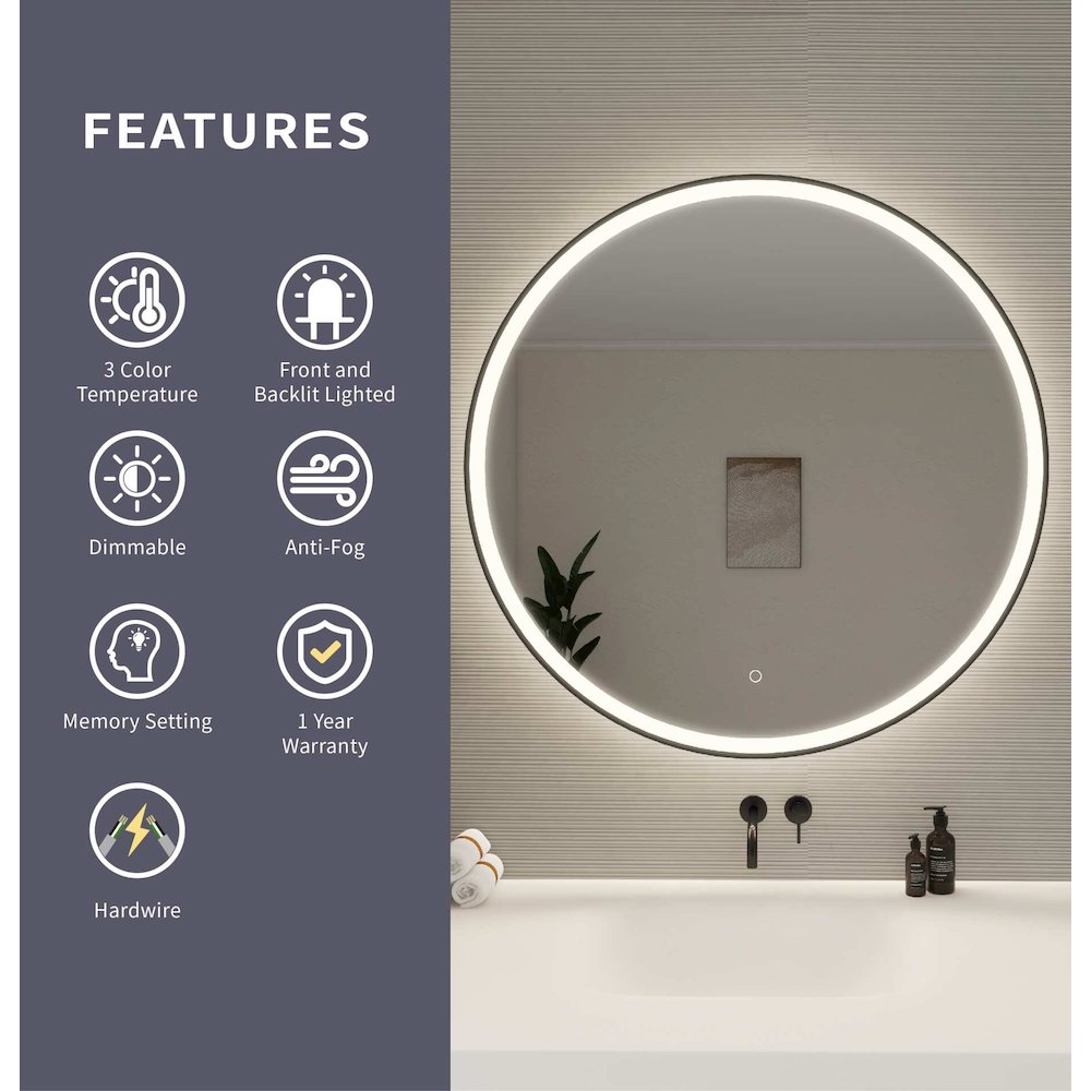 39 Round LED Front and Backlit Wall Mirror in Black. Picture 10