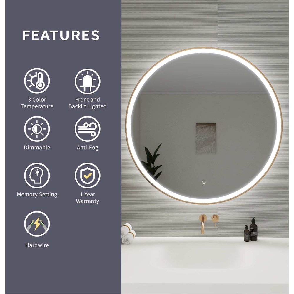39 Round LED Front and Backlit Wall Mirror in Satin Gold. Picture 11