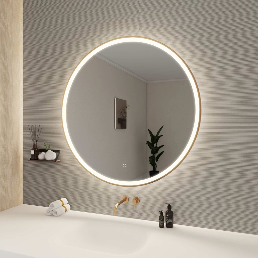 39 Round LED Front and Backlit Wall Mirror in Satin Gold. Picture 3