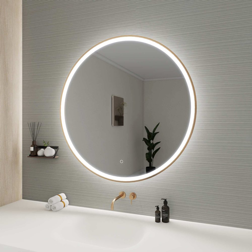 39 Round LED Front and Backlit Wall Mirror in Satin Gold. Picture 5