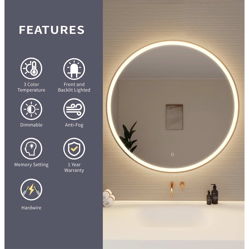 39 Round LED Front and Backlit Wall Mirror in Satin Gold. Picture 9