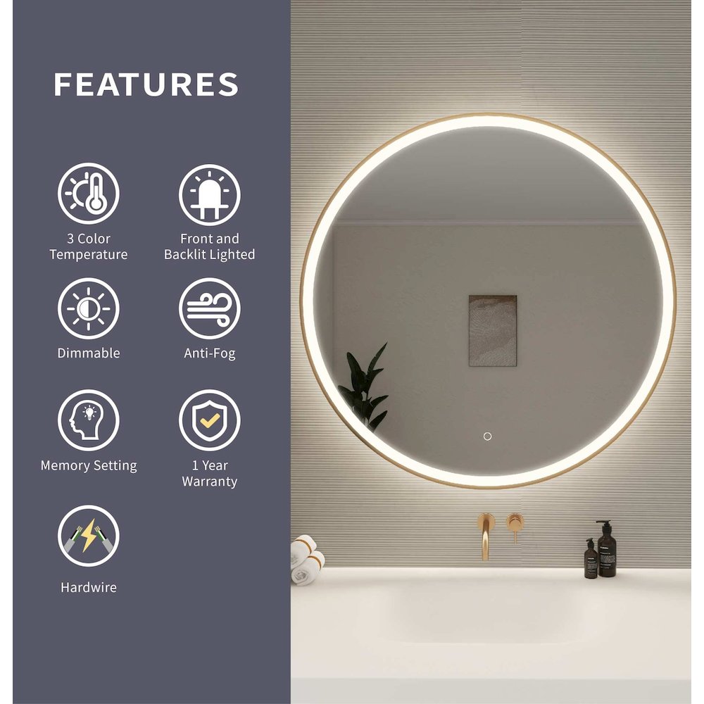 39 Round LED Front and Backlit Wall Mirror in Satin Gold. Picture 10