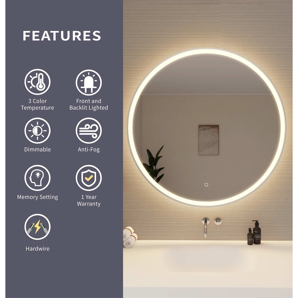 39 Round LED Front and Backlit Wall Mirror in Silver. Picture 9
