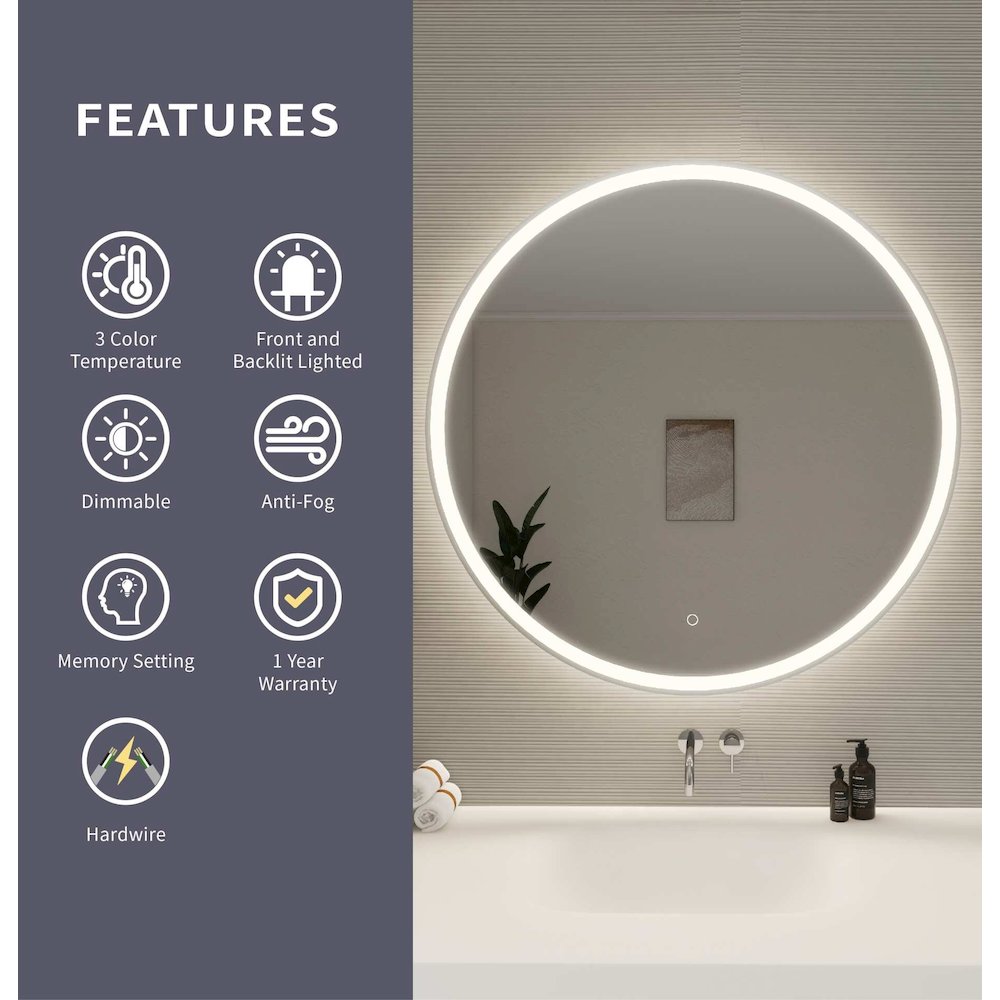 39 Round LED Front and Backlit Wall Mirror in Silver. Picture 10