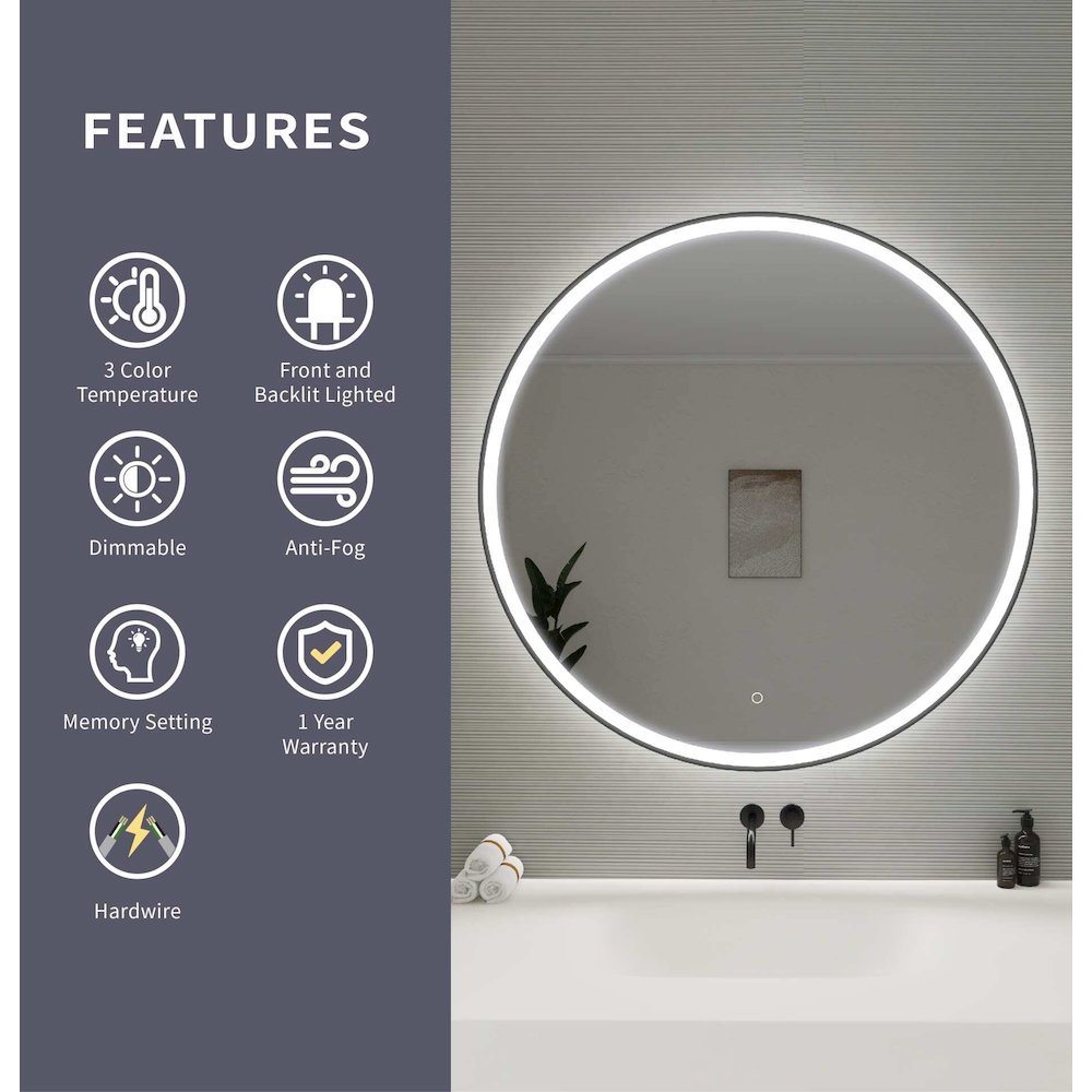 42 Round LED Front and Backlit Wall Mirror in Black. Picture 11