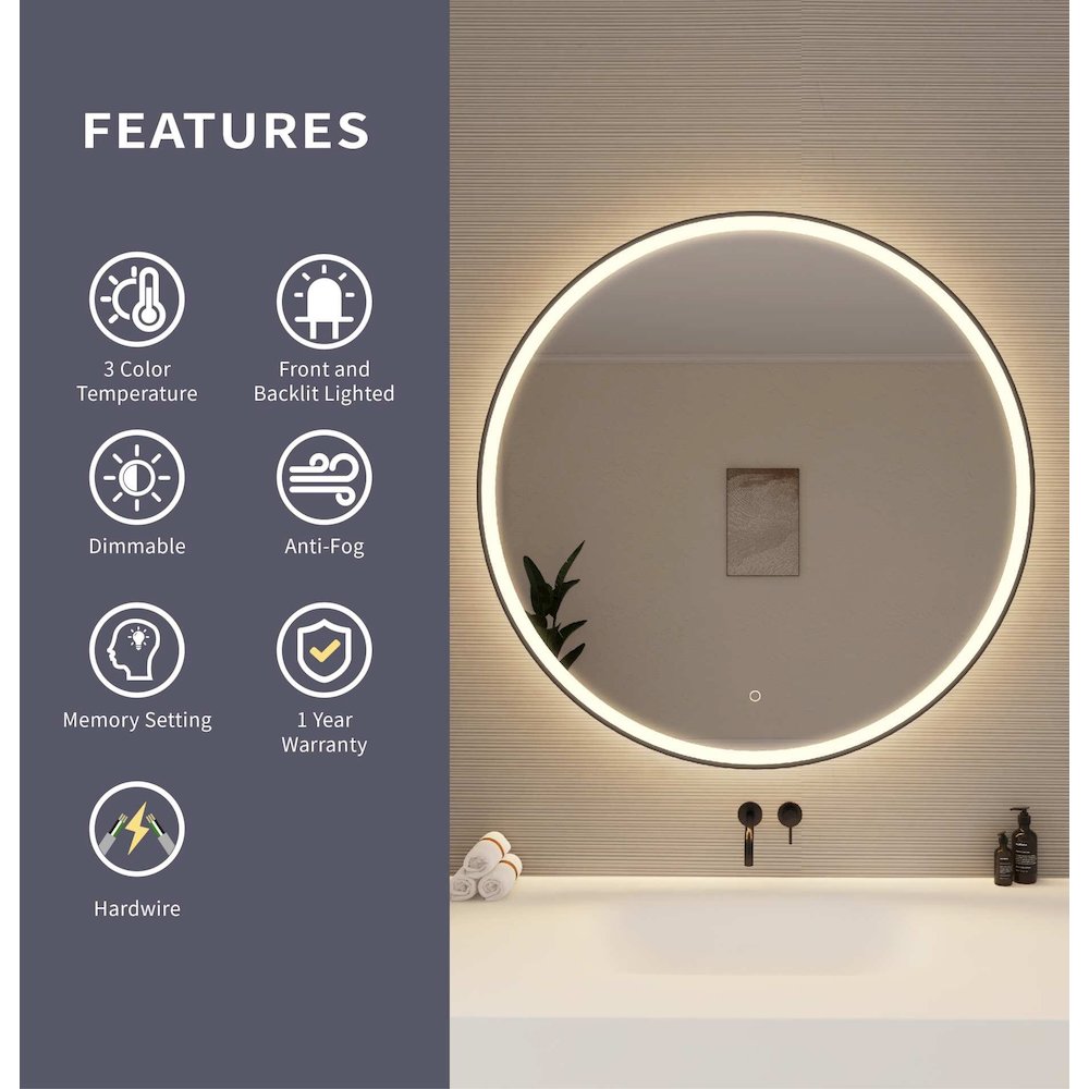 42 Round LED Front and Backlit Wall Mirror in Black. Picture 9